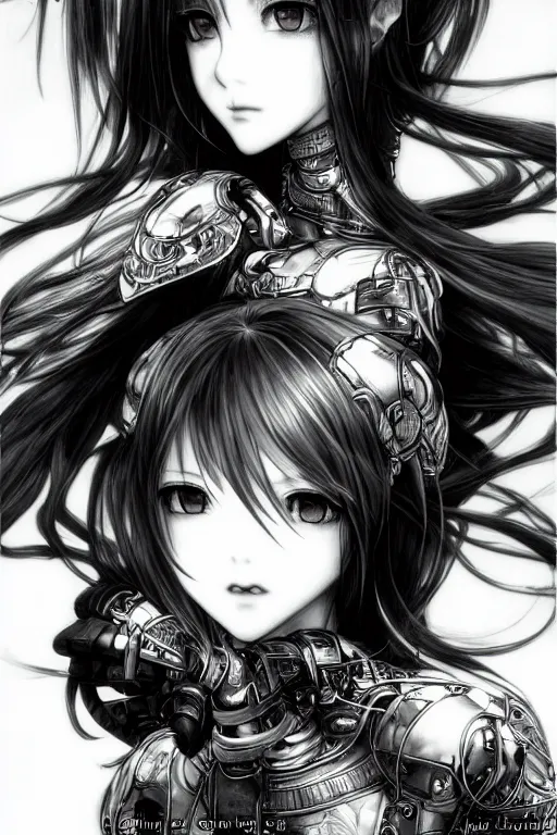 Image similar to a vertical portrait of a character in a scenic environment by Yoshitaka Amano, black and white, dreamy, cybernetic armor, wavy long black hair, highly detailed