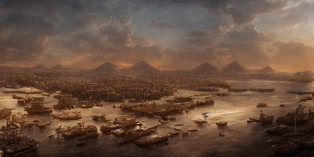 Prompt: beautiful matte painting of a egyptian city port by weta workshop 8 k, cinematic dramatic atmosphere, dramatic lighting