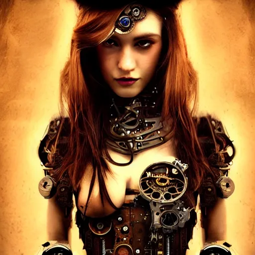 Prompt: beautiful half human half steampunk cyborg portrait, steampunk, extremely detailed, lush, gears, pretty, cinematic lighting, epic, intense, long hair, brown eyes, cool,