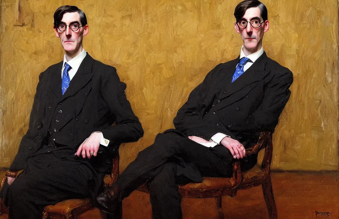 Image similar to portrait of jacob rees - mogg!!!!!!!!!!!!!!!!!!!!!!!!!!!, detailed face, detailed painting,, epic lighting, by ilya repin, phil hale and kent williams