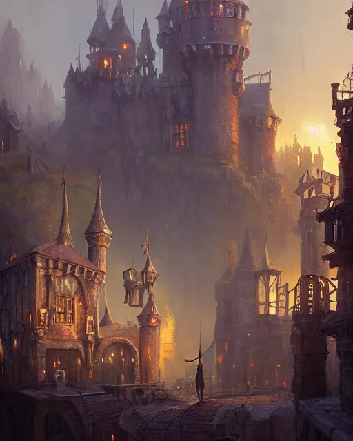 Prompt: gathering at the gallows at the courtyard of a robust fantasy castle, calming, uplifting mood, ultra realistic, factory, funny, small buildings, highly detailed, epic lighting, illuminated, cinematic, morning, art by eddie mendoza