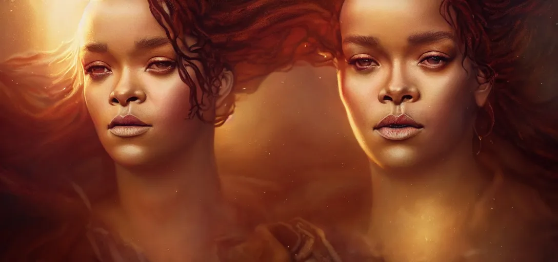 Image similar to majestic gracious regal goddess rhianna portrait, ancient greece, elysium, atmospheric lighting, painted, intricate, volumetric lighting, beautiful, rich deep colours masterpiece, golden hour, sharp focus, ultra detailed, by leesha hannigan, ross tran, thierry doizon, kai carpenter, ignacio fernandez rios