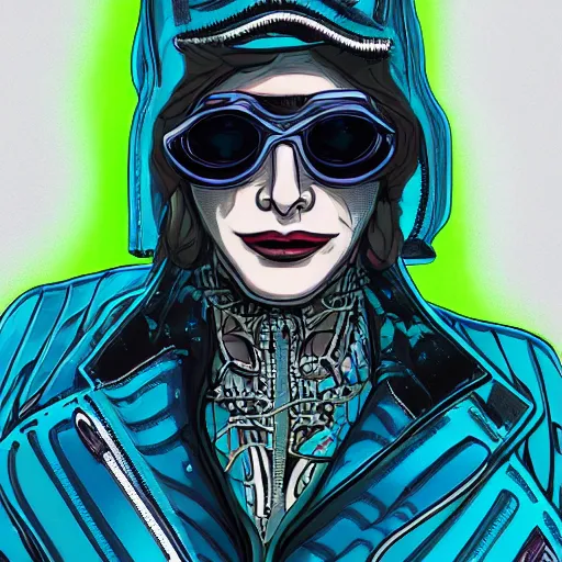 Prompt: hyper detailed comic illustration of a cyberpunk catee blanchett wearing a futuristic sunglasses and a gorpcore jacket, markings on her face, by darick robertson , transmetropolitan , intricate details, vibrant, solid background, low angle fish eye lens