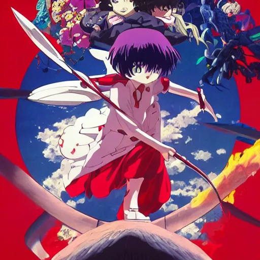 Prompt: incredibly powerful Anime Girl, created by Hideaki Anno + Katsuhiro Otomo +Rumiko Takahashi, Movie poster style, box office hit, a masterpiece of storytelling, main character center focus, monsters + mech creatures locked in combat, nuclear explosions paint sky, highly detailed 8k