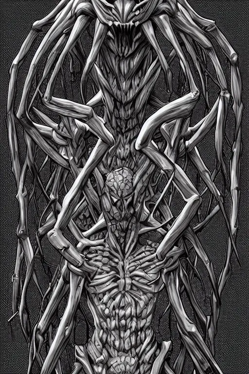 Image similar to spider humanoid figure monster, symmetrical, highly detailed, digital art, sharp focus, trending on art station, kentaro miura manga art style