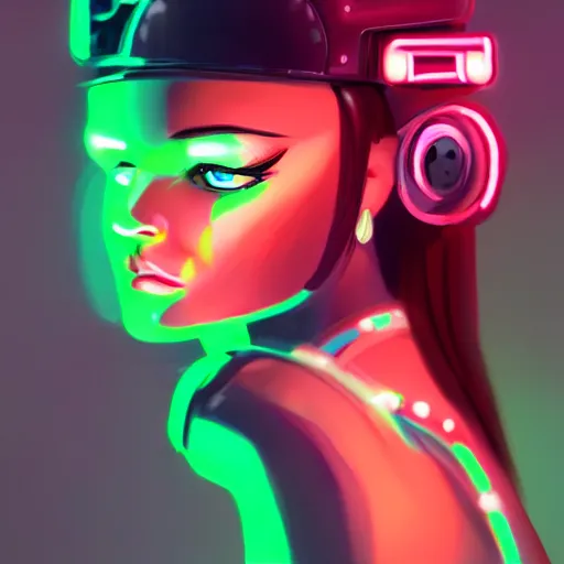 Image similar to portrait of a cute young woman with robot ears and eyes, 4k, sharp focus, neon colored fluorescent lighting, Andreas Rocha