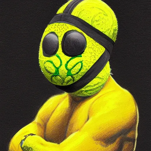 Image similar to a tennis ball monster wearing a balaclava and jewelry , digital art, fantasy, magic, trending on artstation, ultra detailed, professional illustration by Basil Gogos