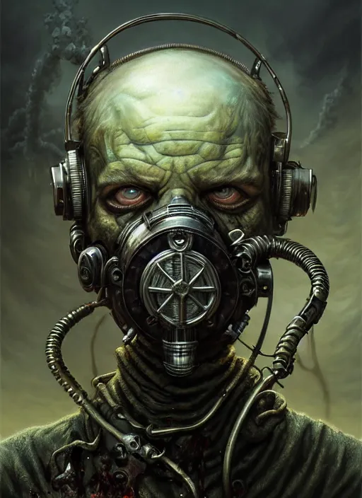 Image similar to portrait shot of zombie with gasmask in a scenic dystopian environment, intricate, elegant, highly detailed, centered, digital painting, artstation, concept art, smooth, sharp focus, illustration, artgerm, tomasz alen kopera, peter mohrbacher, donato giancola, joseph christian leyendecker, wlop, boris vallejo