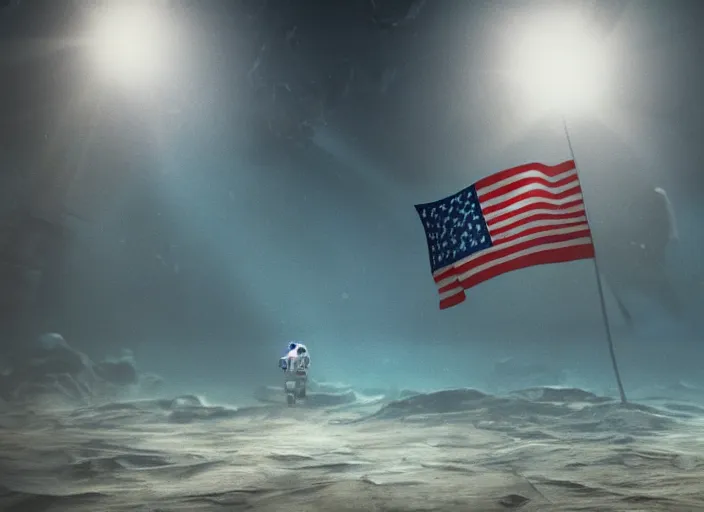 Image similar to astronaut holding a flag in an underwater desert. a submarine is visible in the distance. dark, concept art, cinematic, dramatic, atmospheric, 8 k, trending on artstation, blue, fish, low visibility, fog, ocean floor, christopher nolan, interstellar