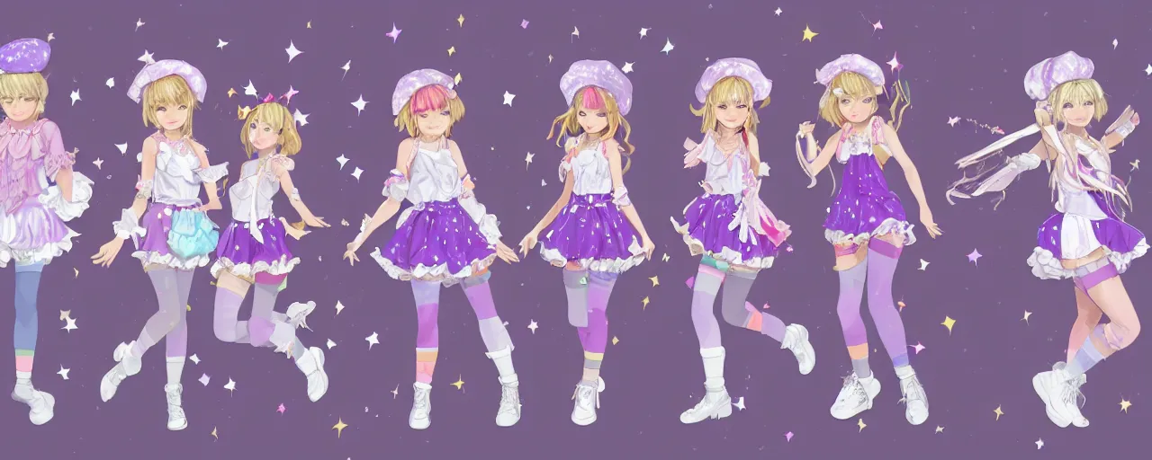 Image similar to A character sheet of full body cute magical girls with short blond hair wearing an oversized purple Beret, Purple overall shorts, Short Puffy pants made of silk, pointy jester shoes, a big billowy scarf, and white leggings. Rainbow accessories all over. Flowing fabric. Ruffles and Bows. Petticoat. Covered in stars. Short Hair. Art by Johannes Helgeson and william-adolphe bouguereau and Paul Delaroche and Alexandre Cabanel and Lawrence Alma-Tadema and WLOP and Artgerm. Fashion Photography. Decora Fashion. harajuku street fashion. Kawaii Design. Intricate, elegant, Highly Detailed. Smooth, Sharp Focus, Illustration Photo real. realistic. Hyper Realistic. Sunlit. Moonlight. Dreamlike. Fantasy Concept Art. Surrounded by clouds. 4K. UHD. Denoise.