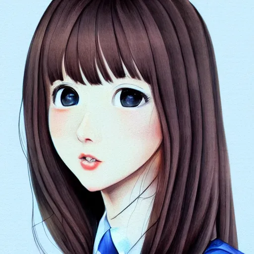 Image similar to a perfect, realistic professional digital sketch of a semirealistic schoolgirl, by pen and watercolor, by a professional Chinese Korean artist on ArtStation, on high-quality paper