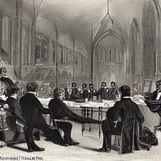 Prompt: victorian scientists sir richard owen and thomas henry huxley at oxford natural history museum 1 8 6 0 debate, high detail, realistic,