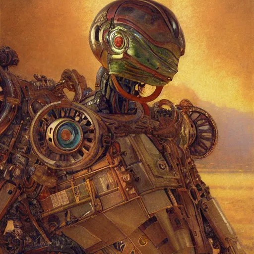 Image similar to highly detailed portrait of an humanoid robotic chameleon mecha, painting by gaston bussiere, craig mullins, j. c. leyendecker, lights, art by ernst haeckel, john william godward, hammershøi,