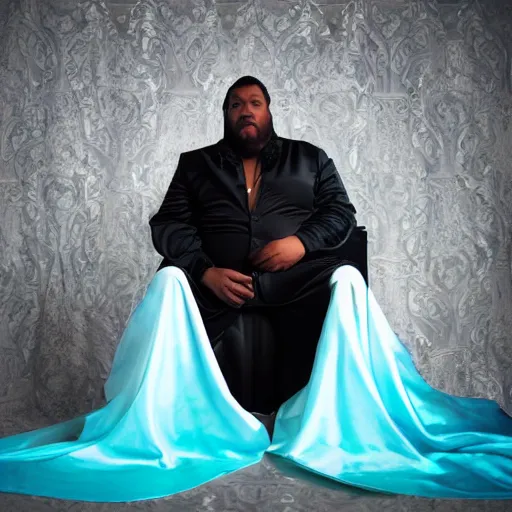 Image similar to Large black man sitting on throne wrapped in silk, background made of large folding curtains, blacklight lighting, dark, hyper detailed, hyper realistic, 8K phot realistic,