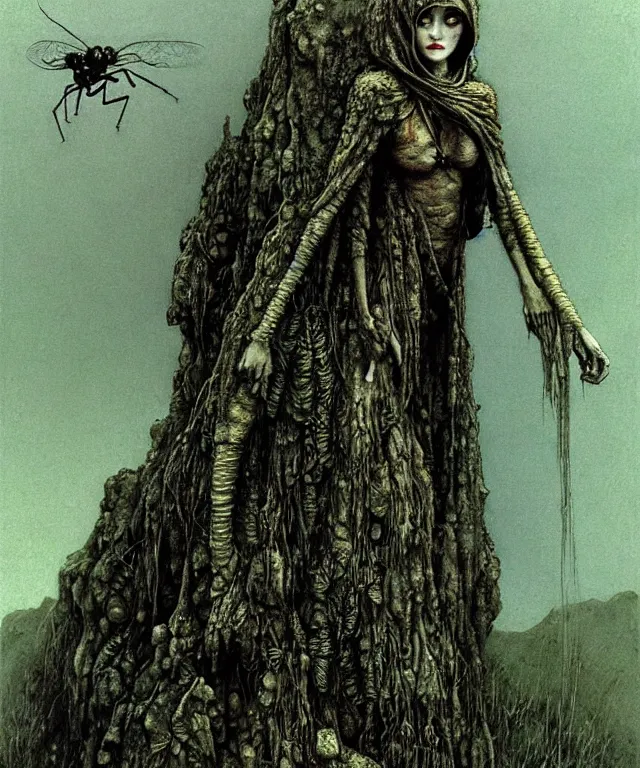 Prompt: a detailed mosquitowoman stands among the hills. wearing a ripped mantle, robe. perfect faces, gnats, extremely high details, realistic, fantasy art, solo, masterpiece, art by zdzislaw beksinski, arthur rackham, dariusz zawadzki