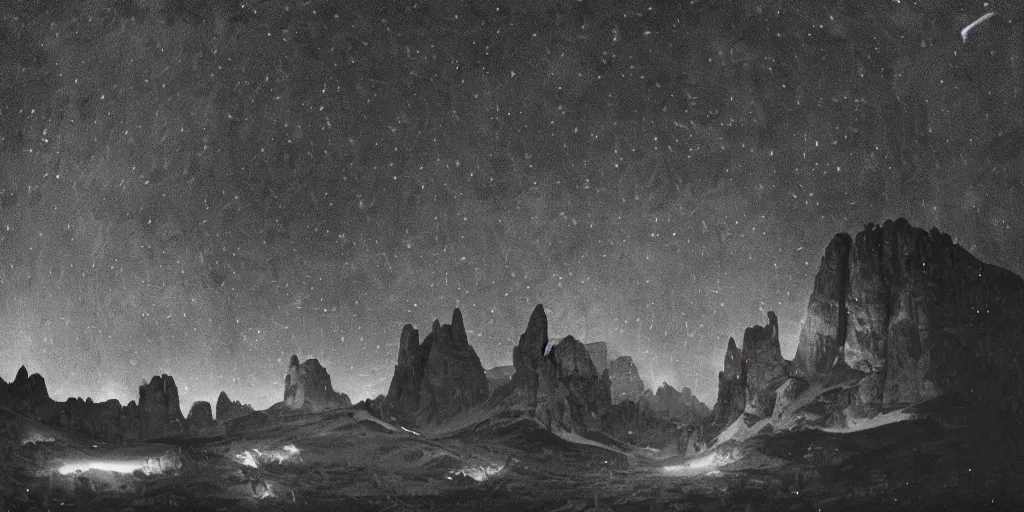 Prompt: 1920s photography historical photo of nightsky, but stars are circles, roots growing in the sky, in the dolomites, forest, dolomites, alpine, detailed intricate insanely detailed octane render, 8k artistic 1920s photography, photorealistic, black and white, chiaroscuro, hd, by David Cronenberg, Raphael, Caravaggio