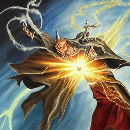 Image similar to Artistic painting of a wizard fighting the forces of evil