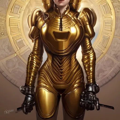 Prompt: Portrait of Samus Aran with golden armor drawn by Donato Giancola and Tom Bagshaw, face by Artgerm, overall design by Alphonse Mucha, background by James Jean and Gustav Klimt, light by Julie Bell, 4k, porcelain skin, komorebi, french nouveau, trending on artstation, octane render, hyperrealistic