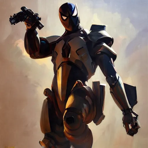 Image similar to greg manchess portrait painting of armored spiderman as overwatch character, medium shot, asymmetrical, profile picture, organic painting, sunny day, matte painting, bold shapes, hard edges, street art, trending on artstation, by huang guangjian, gil elvgren, ruan jia, greg rutkowski, gaston bussiere