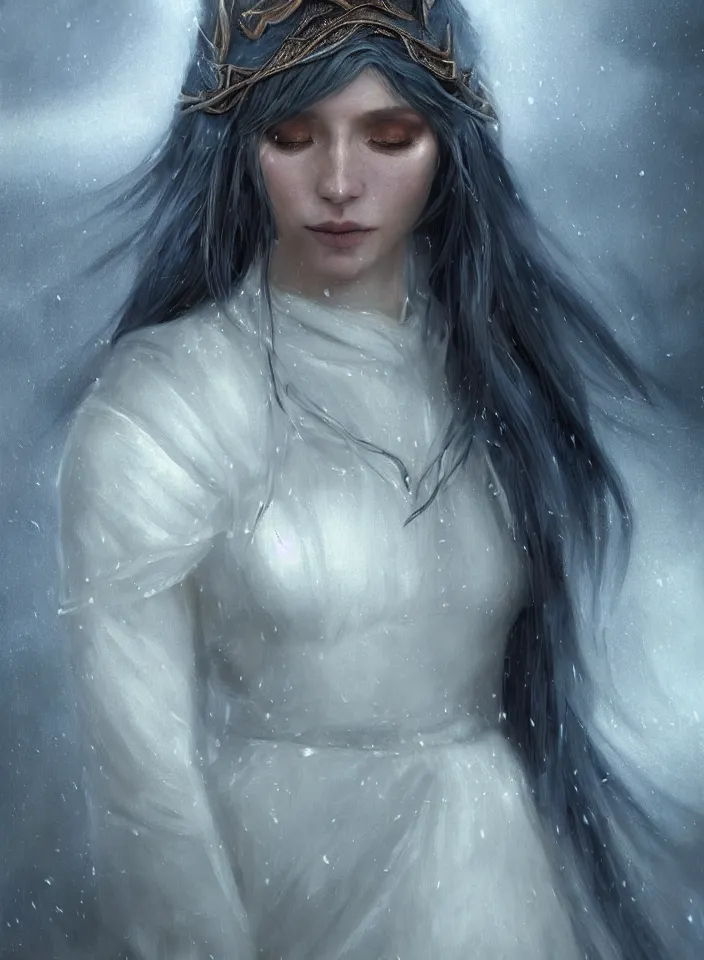 Image similar to a closeup portrait of an elven sorceress from skyrim wearing a white dress, fantasy setting, cold environment, serene colors, soft lighting, atmospheric, cinematic, moody, in the style of diego koi, gina heyer, luiz escanuela, art by alyssa monk, depth, hyperrealism, rule of thirds, golden ratio, oil on canvas, 8 k