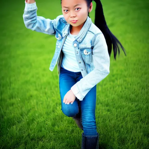 Image similar to a young girl plays on a great green meadow, she wears a jacket, jeans and boots, she has ponytails, photo taken by a nikon, highly detailed, sharp focus