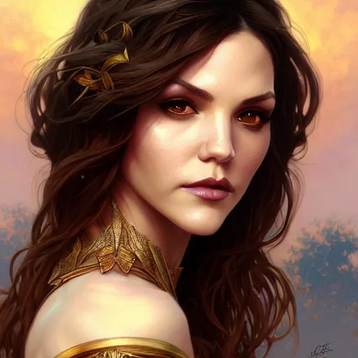 Image similar to Katherine McPhee as a fantasy magic woman portrait, sci-fi, amber eyes, face, long hair, fantasy, intricate, elegant, highly detailed, digital painting, artstation, concept art, smooth, sharp focus, illustration, art by artgerm and greg rutkowski and alphonse mucha