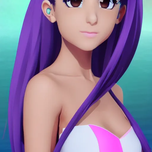 Prompt: Ariana Grande as a MMD model, 3D, style of Ariana Grande model, Vocaloid, soft color, high fantasy, elegant, art station, pixiv, trending, editor’s pickup