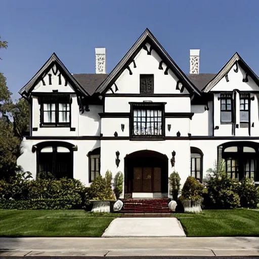 Image similar to stucco tudor with wood and tile white black mansion by mcalpine house, by jackson & leroy architects