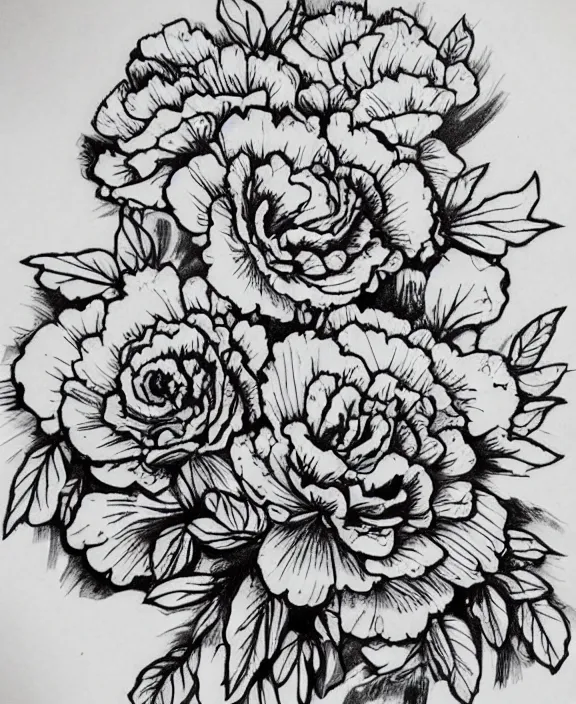 Image similar to amazing detailed tattoo line work stencil of carnations roses peonies and limonium flowers delicate and feminine