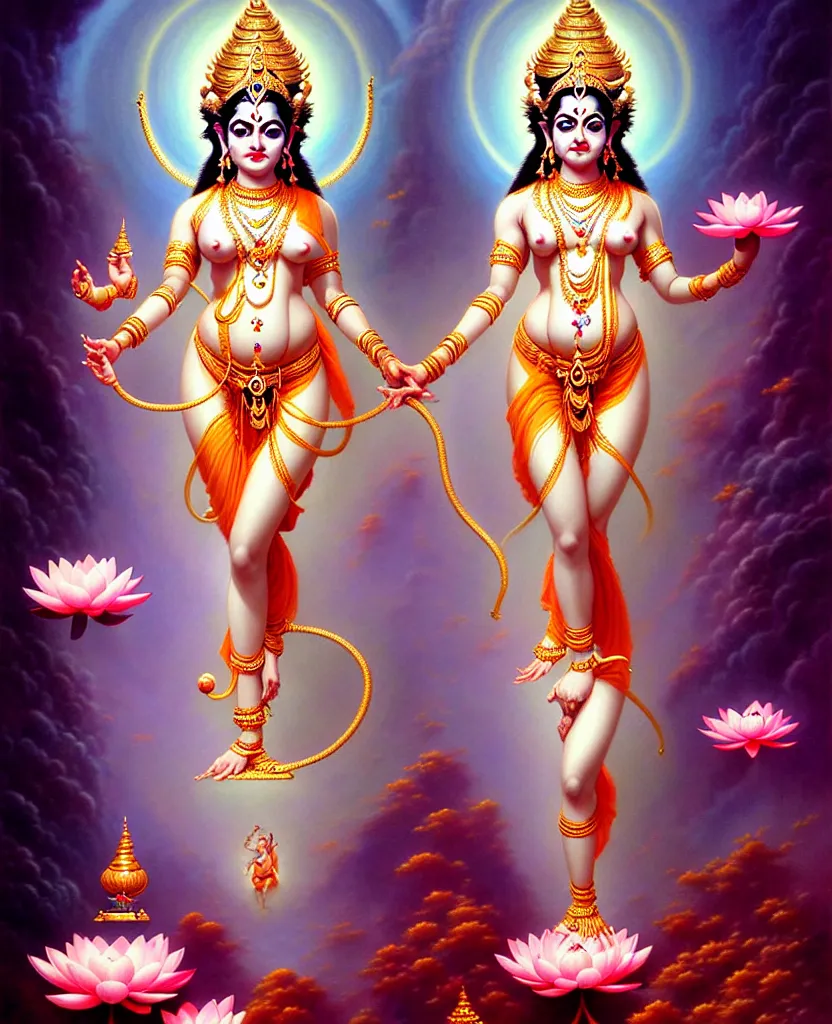 Image similar to beautiful hindu goddess laxmi fantasy character portrait, four hands, standing on a lotus, full body, chubby, ultra realistic, intricate details, the fifth element artifacts, highly detailed by peter mohrbacher, hajime sorayama, wayne barlowe, boris vallejo, aaron horkey, gaston bussiere, craig mullins