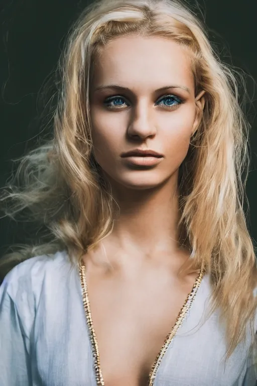 Image similar to vintage photograph of an olive skinned blonde female model in her twenties, her hair pinned up, wearing a designer top, looking content, focused on her neck, photo realistic, extreme detail skin, natural beauty, no filter, slr, golden hour, 4 k, high definition, selfie