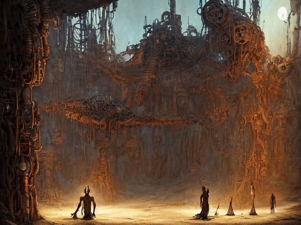 Prompt: A magical male-shaman in shamanistic robes performs a ritual to resurrect a mechanical horse inside a ancient steel ruins are covered with barchans of sand. Art by Finnian MacManus, Simon Stalenhag, Arthur Rackham. Masterpiece, fantasy art, cinematic, hyperdetailed, sigils, photorealistic, cyberpunk, postapocalyptic, steampunk, hyperrealism, octane render, 8k