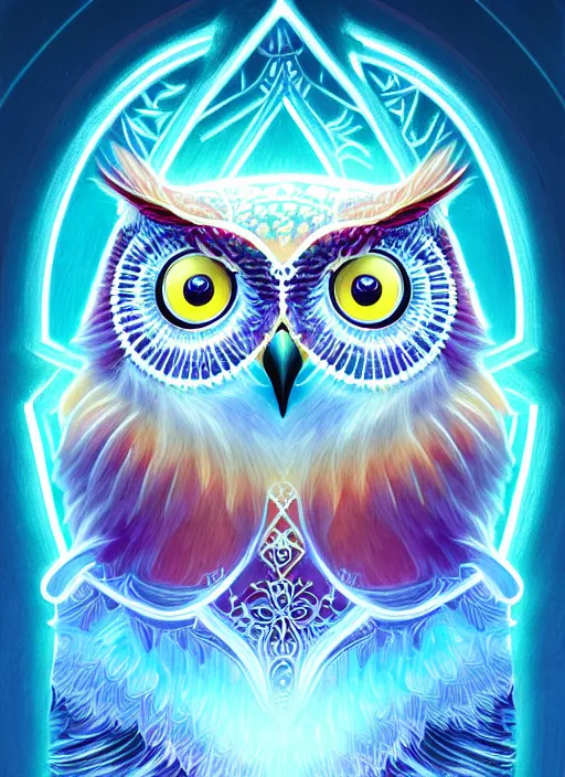 Image similar to symmetry!! product render poster vivid colors divine proportion owl, ice and snow, glowing fog intricate, elegant, highly detailed, digital painting, artstation, concept art, smooth, sharp focus, illustration,