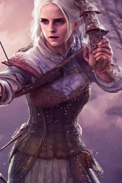 Prompt: a photo of Emma Watson as Ciri from the Witcher 3 casting a healing spell, fantasy, intricate, beautiful, highly detailed, digital painting, artstation, concept art, smooth, high resolution, sharp focus, illustration