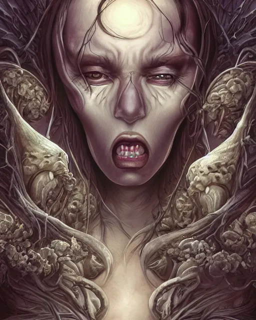 Image similar to death is swallowed up in victory, very detailed and beautiful womans face, screaming with fear, artwork by artgerm, centered shot, wide angle, full body, elfpunk, artwork by naoto hattori, landscape art by john howe