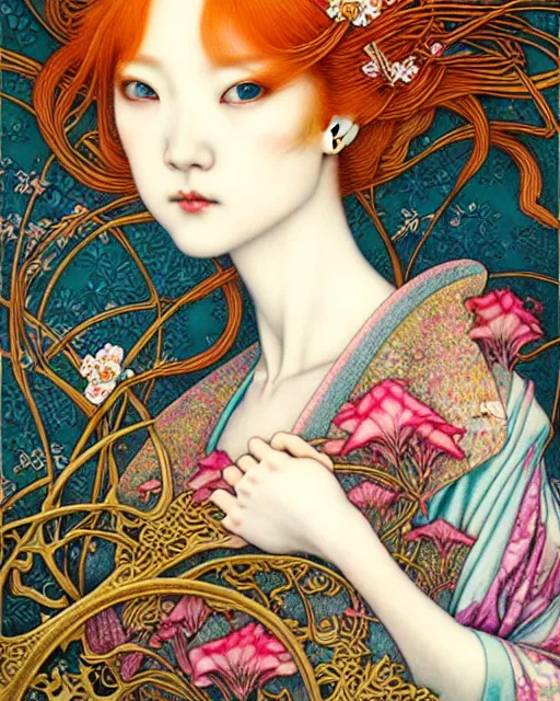 Prompt: beautiful and playful ethereal ginger portrait, art nouveau, fantasy, intricate japanese flower designs, elegant, highly detailed, sharp focus, art by chie yoshii