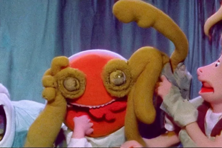 Prompt: full color frame from a live action 1972 kids show with Cthulhu and sad cheese puppet having a tickle fight with furry ghost