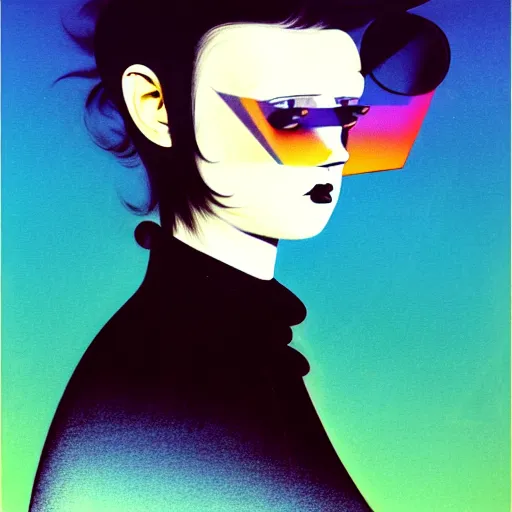 Prompt: a chubby young goth girl an asymmetrical ombre mohawk wearing a leather jacket, euro sunglasses, and a black tshirt. high key, anaglyph lighting, melancholic complex flat geometric minimalism by oskar schlemmer, moebius, john berkey, oil on canvas, portrait facial head, featured on artstation, hd wallpaper, anime art nouveau cosmic display
