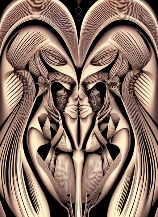 Image similar to vector art by hr giger, perfectly centered symmetrical balanced male and female portrait of man and woman in love sharing one heart. high coherence ; fractal geometrical 8 k ultra hd