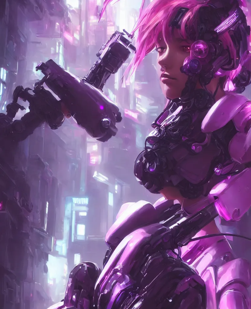 Image similar to A beautiful painting of a cyberpunk anime girl with purple hair and an a huge robot arm sensual stare, Trending on artstation. augmentations and cybernetic enhancements neon circuits, greg rutkowski , hyperrealist, cinema4D, 8k highly detailed ❤️‍🔥 🔥 💀 🤖 🚀