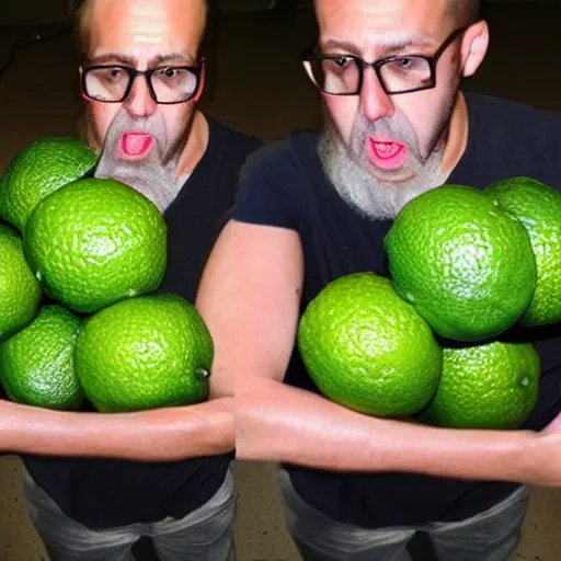 Image similar to guy who is holding too many limes with a very angry face