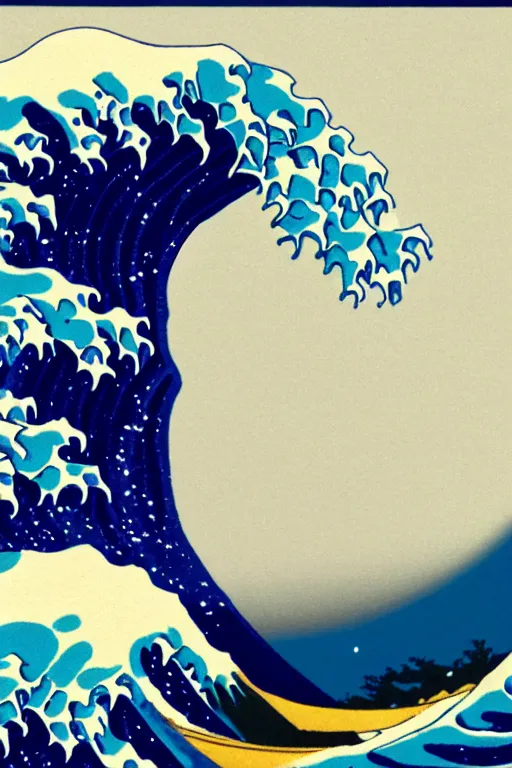 Image similar to The Great Wave off Kanagawa as a Vintage Travel Poster, Moon in the background