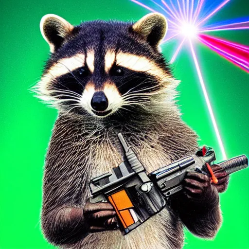 Image similar to racoon holding a laser gun, digital art , centred award winning 4K