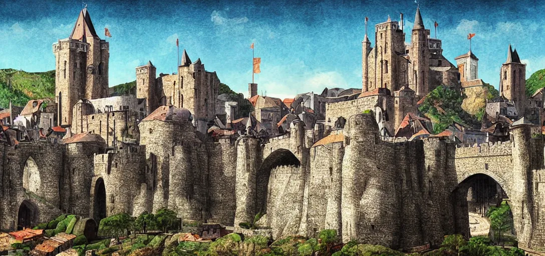 Prompt: huge medieval city, interesting rocky shaped terrain, digital art, art by craign mullin