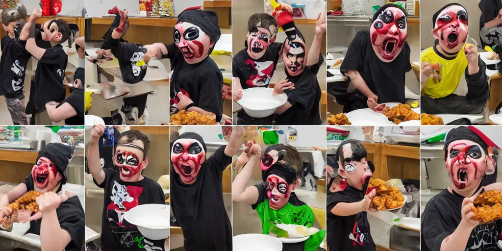 Prompt: cyclops Juggalo coneheads school food fight, detailed facial expressions