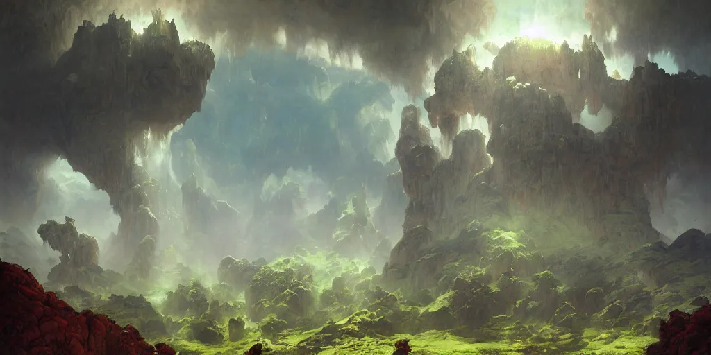 Image similar to bytopia planescape huge cave ceiling clouds made of green earth towns, villages castles, buildings inverted upsidedown mountain artstation high fantasy illustration sharp focus sunlit vista painted by ruan jia raymond swanland lawrence alma tadema zdzislaw beksinski norman rockwell tom lovell alex malveda greg staples