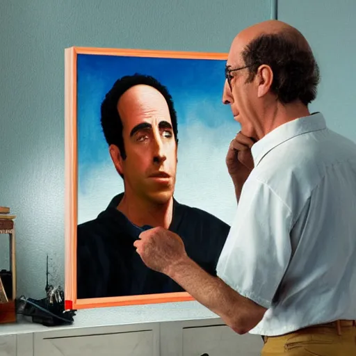 Image similar to Live Action Oil Painting of a Poster of Young Jerry Seinfeld and Larry David in Breaking Bad, real life, hyperrealistic, ultra realistic, realistic, highly detailed, detailed, very detailed, cool, ultra detailed, very realistic, trending on artstation, epic, HD quality, 8k resolution, body and headshot, film still, real, detailed faces, very detailed faces, real life, poster