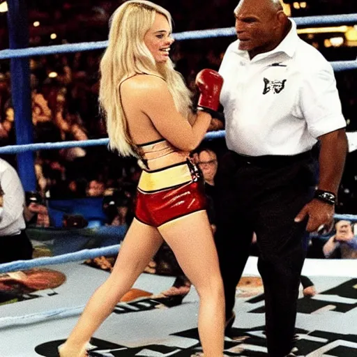 Prompt: “ margot robbie fighting mike tyson for the championship ”