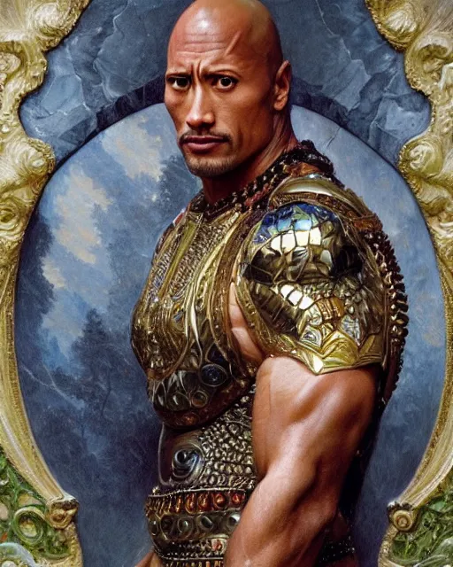 Image similar to Dwayne Johnson, dressed in ornate, detailed, intricate iridescent opal armor, detailed oil painting by William Adolphe Bouguereau and Donato Giancola