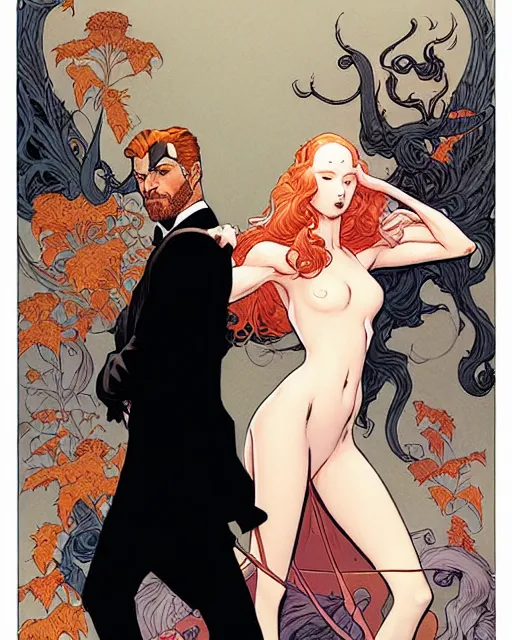 Image similar to a handsome man and a beautiful woman back to back artwork by james jean, Phil noto and rebecca guay